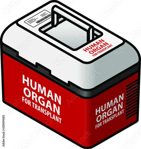 A cooler box for transporting human organs for transplant.