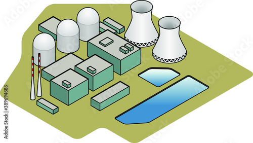 A nuclear power plant showing cooling ponds, reactor domes, support buildings, generator building and cooling towers.