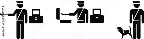 People icons: airport/transport security. Explosive and narcotics swab test, and quarantine sniffer dog.