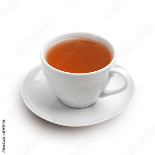White cup of tea with saucer isolated on a white with shadow.