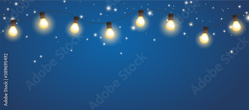 Holiday background. Shining light bulb garland, vector decoration. String of golden Christmas lights. Illuminated holiday border, frame. For wedding or birthday cards, New Year banners, party posters