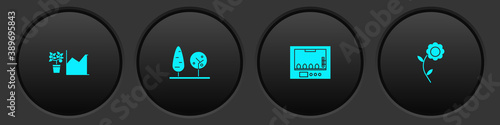 Set Flower statistics, Trees, Incubator for eggs and icon. Vector.