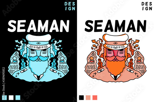 Old sailor, captain portrait hand drawn. Bearded old  man design illustration for poster, sticker, or apparel merchandise.With vaporwave/synthwave style, aesthetics of 80s.