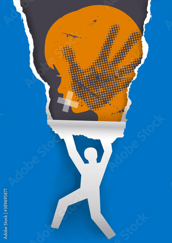 

Detection of domestic violence.
Paper male silhouette ripping paper background with Little girl stylized silhouette with hand print on the face and with taped mouth. Vector available.