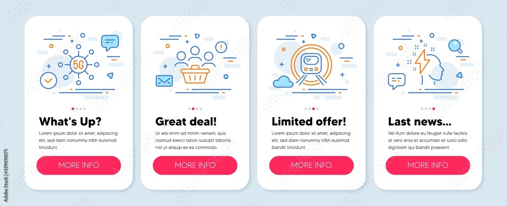 Set of Business icons, such as Buyers, 5g technology, Metro subway symbols. Mobile screen mockup banners. Brainstorming line icons. Shopping customers, Wireless communication, Underground. Vector