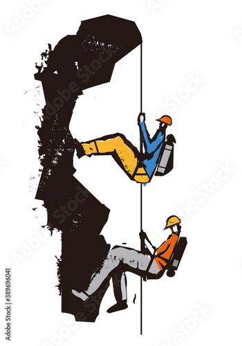 Two climbers on a rope, cartoon.
Two climbers in the rocks. Grunge Stylized Illustration imitating linocut.