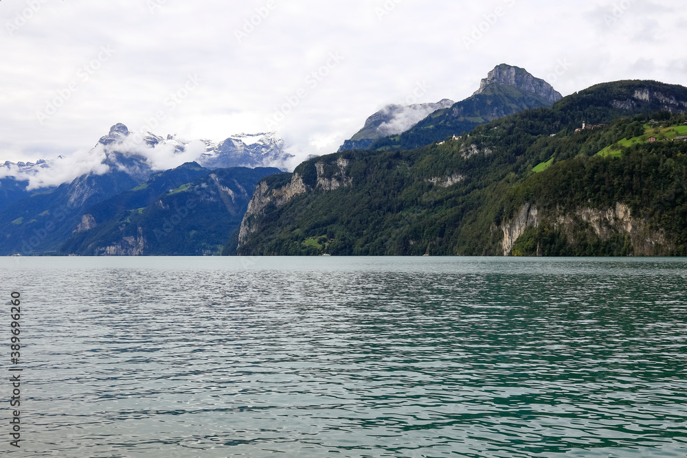 Mountains and Lake Lucerne on a cloudy day