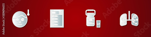 Set High human body temperature, Clinical record, Can container for milk and Lungs icon. Vector.