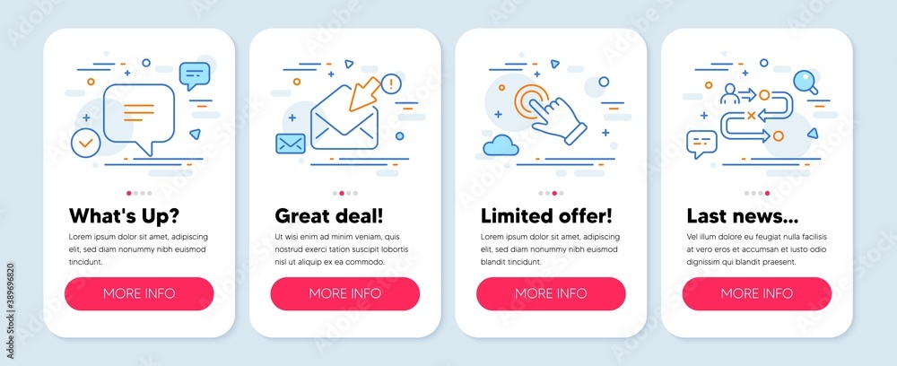 Set of Business icons, such as Touchscreen gesture, Text message, Open mail symbols. Mobile screen banners. Journey path line icons. Click hand, Chat bubble, View e-mail. Project process. Vector