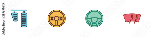 Set Car gas and brake pedals, Steering wheel, and Windscreen wiper icon. Vector.