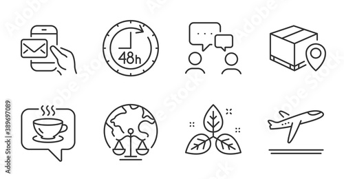 Coffee, Fair trade and Departure plane line icons set. 48 hours, Magistrates court and Messenger mail signs. People chatting, Parcel tracking symbols. Cafe, Leaf, Airport transport. Vector