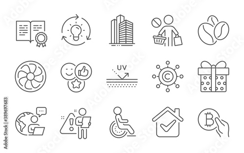 Coffee beans, Fan engine and Uv protection line icons set. Stop shopping, Certificate and Disability signs. Copywriting network, Idea and Gift box symbols. Line icons set. Vector