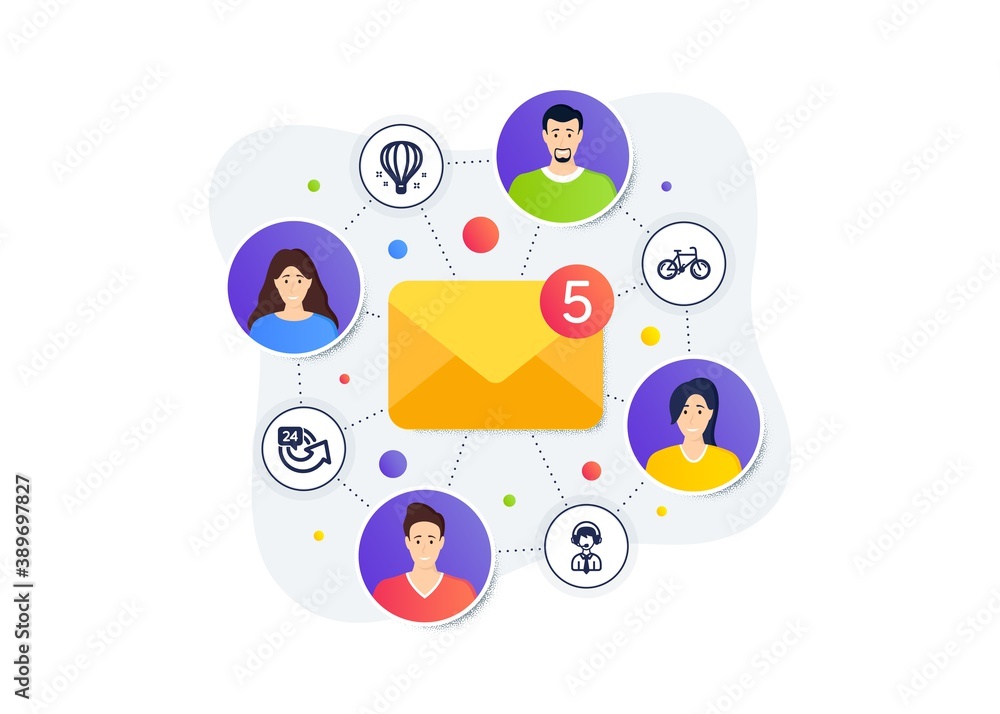 Air balloon, 24 hours and Bicycle icons simple set. Teamwork messages banner. Employee remote work. Shipping support sign. Sky travelling, Repeat, Bike. Delivery manager. Transportation set. Vector Air balloon, 24 hours and Bicycle icons simple set. Teamwork messages banner. Employee remote work. Shipping support sign. Sky travelling, Repeat, Bike. Delivery manager. Transportation set. Vector