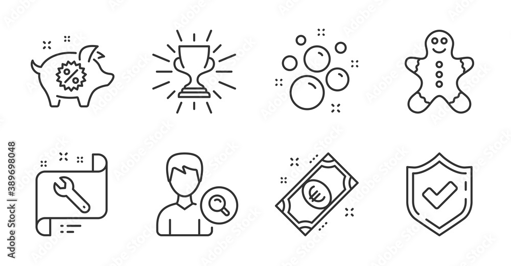 Confirmed, Search people and Spanner line icons set. Clean bubbles, Gingerbread man and Piggy sale signs. Euro money, Trophy symbols. Accepted message, Find profile, Repair service. Vector