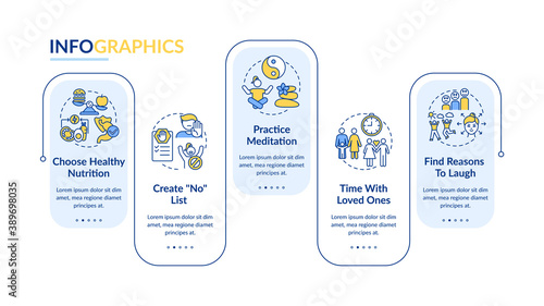 Self care checklist vector infographic template. Choose healthy nutrition presentation design elements. Data visualization with 5 steps. Process timeline chart. Workflow layout with linear icons