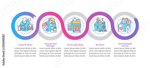 Self care practices vector infographic template. Skincare and massage presentation design elements. Data visualization with 5 steps. Process timeline chart. Workflow layout with linear icons