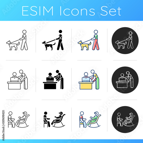 Employment opportunities icons set. Dog walker. Personal assistant. Senior citizen socializer. Personal aide. Animal care. Companion. Linear, black and RGB color styles. Isolated vector illustrations