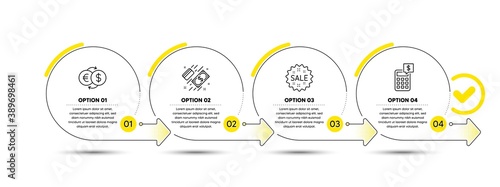 Money exchange, Sale and Payment line icons set. Timeline process infograph. Calculator sign. Eur to usd, Shopping star, Money. Finance set. Infographics timeline banner. 4 steps plan diagram. Vector