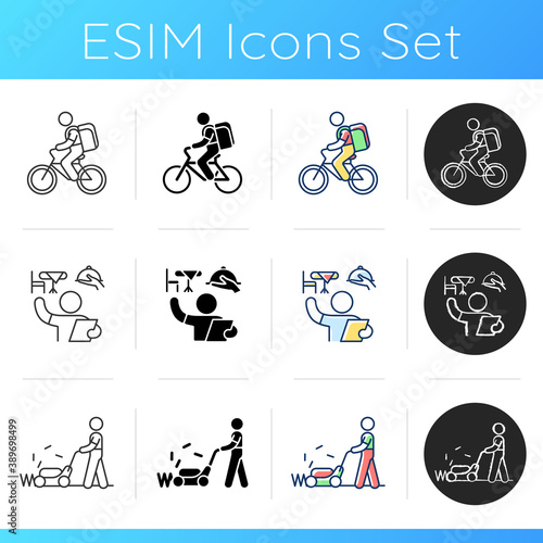 Part-time jobs icons set. Food delivery person. Restaurant host. Lawn mower. Bicycle courier. Hostess job. Grass cutter. Linear, black and RGB color styles. Isolated vector illustrations