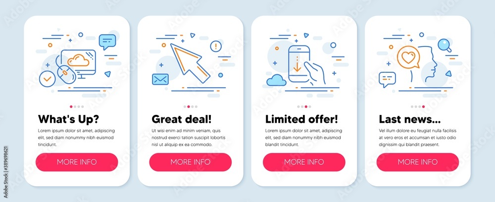 Set of Technology icons, such as Cloud computing, Scroll down, Mouse cursor symbols. Mobile screen mockup banners. Romantic talk line icons. Computer storage, Swipe phone, Click arrow. Vector Set of Technology icons, such as Cloud computing, Scroll down, Mouse cursor symbols. Mobile screen mockup banners. Romantic talk line icons. Computer storage, Swipe phone, Click arrow. Vector