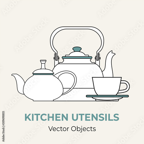Beverage coffee tea set concept vector isolated. Kettle tea cup saucer teapot simple form line illustration. Logo icon cafe menu banner coffee shop. White kettle teapot demitasse isolated background