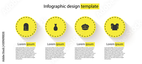 Set Christmas mitten, Woman dress, Police cap with cockade and Long sleeve shirt. Business infographic template. Vector.