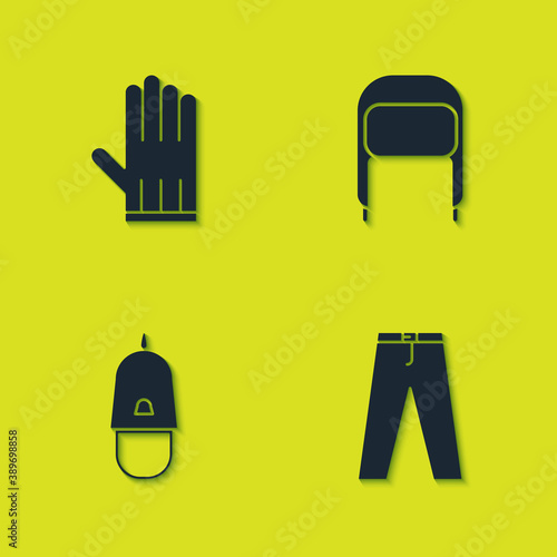 Set Leather glove, Pants, Police cap with cockade and Winter hat ear flaps icon. Vector.