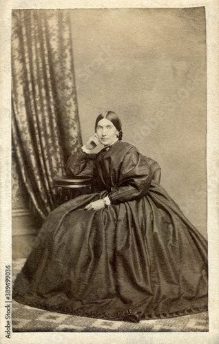 Elegant Looking Woman Sitting in Hoop Skirt Dress 1860's Civil War Era Carte De Vista CDV Photo