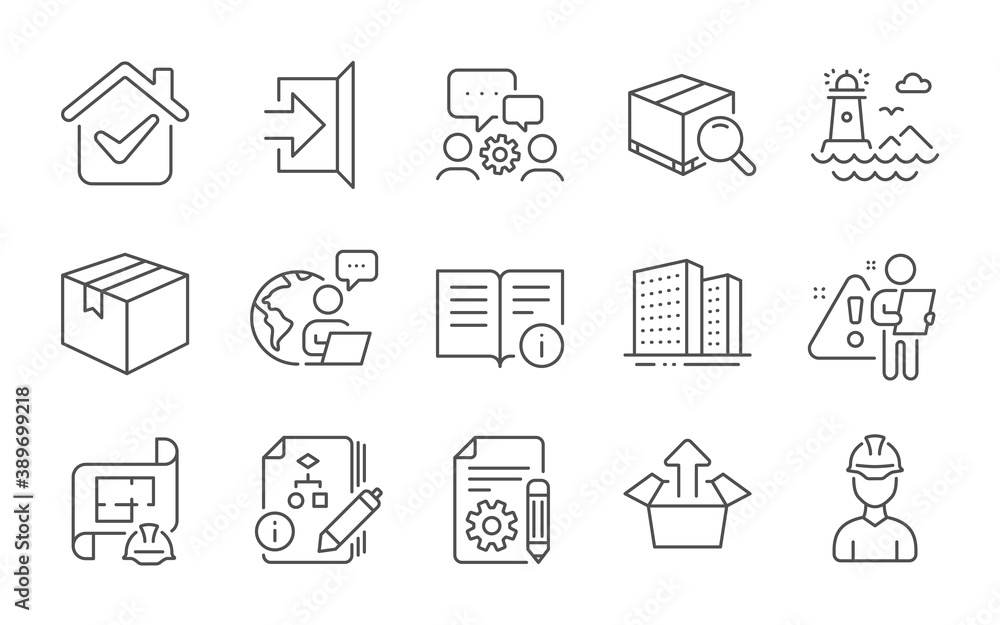Documentation, Lighthouse and Send box line icons set. Algorithm, Technical info and Parcel signs. Search package, Buildings and Engineering team symbols. Exit, Engineering plan and Foreman. Vector Documentation, Lighthouse and Send box line icons set. Algorithm, Technical info and Parcel signs. Search package, Buildings and Engineering team symbols. Exit, Engineering plan and Foreman. Vector