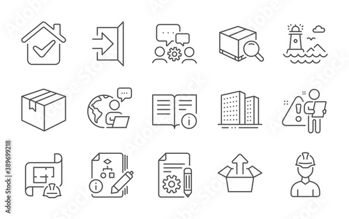 Documentation, Lighthouse and Send box line icons set. Algorithm, Technical info and Parcel signs. Search package, Buildings and Engineering team symbols. Exit, Engineering plan and Foreman. Vector