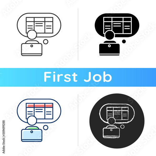 Data entry clerk icon. Administrative professional. Clerical tasks. Keyboarding skills. Entering data into computer system. Linear black and RGB color styles. Isolated vector illustrations