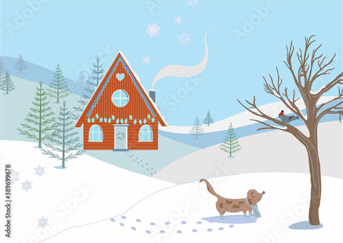 Beautiful winter landscape with dog and bird, snow covered wooden country house, snowy fields, winter forest. Christmas season. Winter holidays greeting card. Flat cartoon style vector illustration.