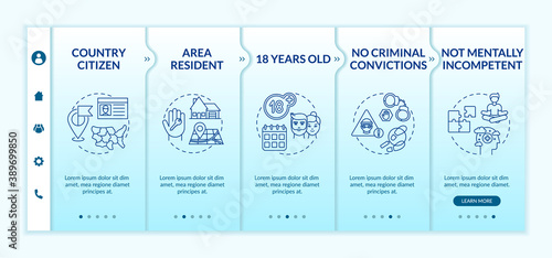 Online voting system onboarding vector template. Country citizen. No criminal convictions. Area resident. Responsive mobile website with icons. Webpage walkthrough step screens. RGB color concept