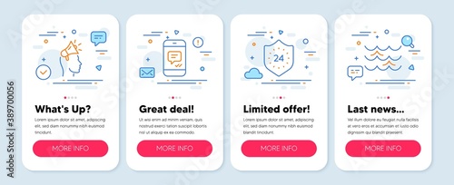 Set of line icons, such as Brand ambassador, 24 hours, Message symbols. Mobile app mockup banners. Waves line icons. Megaphone, Protection, Phone messenger. Water wave. Brand ambassador icons. Vector