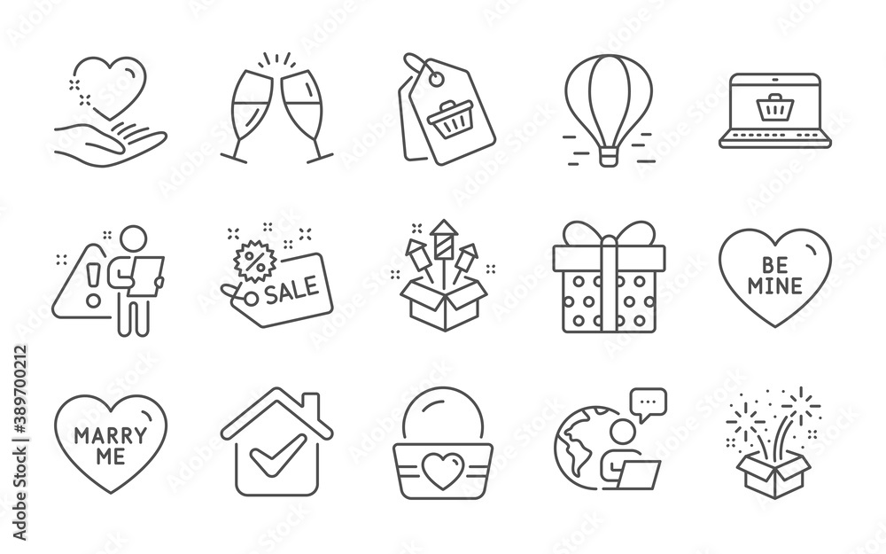 Champagne glasses, Ice cream and Be mine line icons set. Sale, Marry me and Fireworks signs. Fireworks rocket, Sale tag and Hold heart symbols. Online shopping, Air balloon and Gift box. Vector Champagne glasses, Ice cream and Be mine line icons set. Sale, Marry me and Fireworks signs. Fireworks rocket, Sale tag and Hold heart symbols. Online shopping, Air balloon and Gift box. Vector