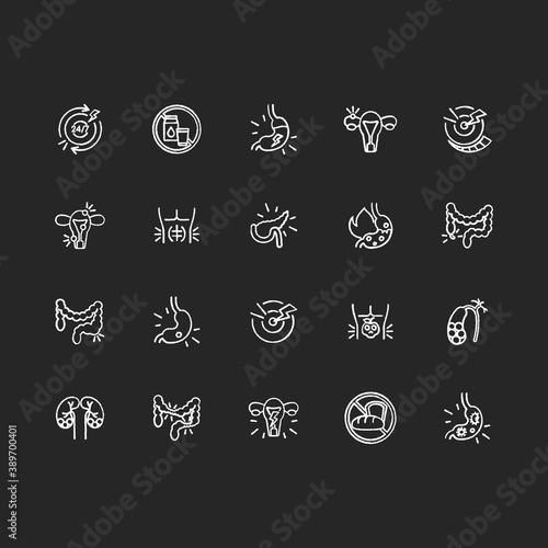 Stomach pain chalk white icons set on black background. Digestive disorders. Indigestion. Chronic abdominal pain. Pancreatitis. Heartburn treatment. Isolated vector chalkboard illustrations