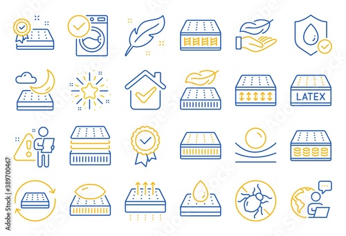 Mattress line icons. Breathable, washable, latex. Memory foam, pillow, bed tick icons. Light weight, natural material, pocket sprung mattress. Bed mite, antiallergic latex. Line icon set. Vector