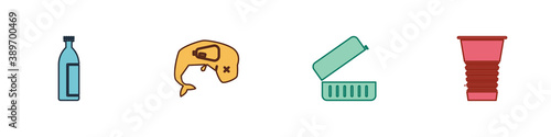 Set Lotion cosmetic tube, Environment protection whale dead, Lunch box and Paper glass icon. Vector.