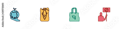 Set Hand holding Earth globe, Stop ocean plastic pollution, Shopping bag with recycle and Nature saving protest icon. Vector.