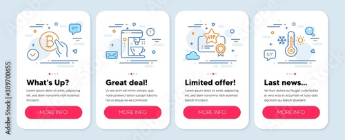 Set of Business icons, such as Coffee maker, Bitcoin pay, Vip certificate symbols. Mobile screen banners. Thermometer line icons. Tea machine, Cryptocurrency coin, Exclusive privilege. Vector