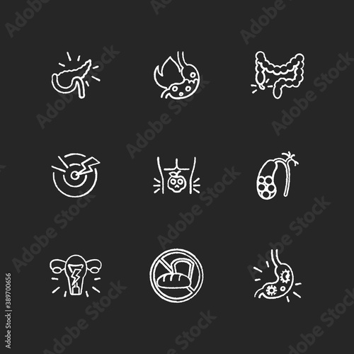 Pain in belly chalk white icons set on black background. Pancreatitis. Burning sensation in belly. Appendicitis. Sudden and severe feeling. Food poisoning. Isolated vector chalkboard illustrations