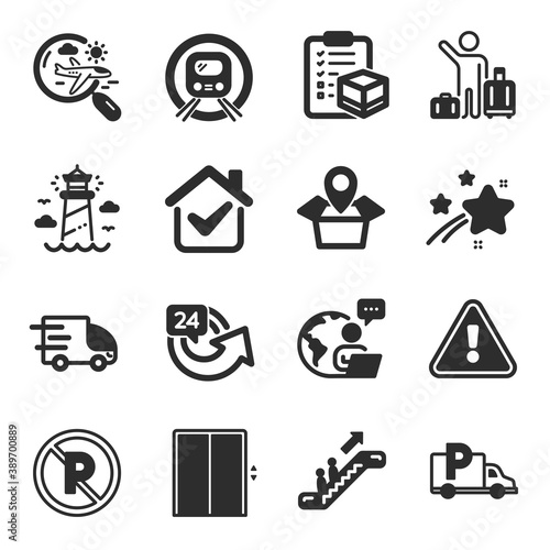 Set of Transportation icons, such as Escalator, Lift, Lighthouse symbols. Truck delivery, Search flight, Airport transfer signs. 24 hours, Metro subway, Truck parking. Package location. Vector
