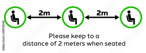 Seating Guidelines for public places. Pictogram to encourage people to maintain physical or social distance of 2 meters to curb to spread of COVID-19.