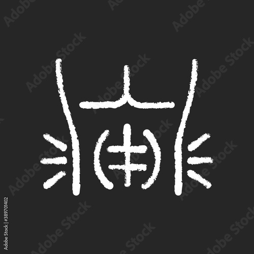 Abdominal muscle strain chalk white icon on black background. Full rupture. Mild stretch. Pulled stomach muscle. Tear. Injury. Strengthening exercises. Isolated vector chalkboard illustration