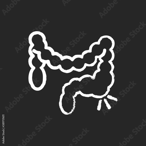 Constipation chalk white icon on black background. Abdominal pain. Bowel movements. Hemorrhoids. Digestive disorder. Difficult stools passage. Blockage. Isolated vector chalkboard illustration