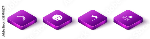 Set Isometric Rainbow, Eclipse of the sun, Meteorology windsock wind vane and Drought icon. Vector.