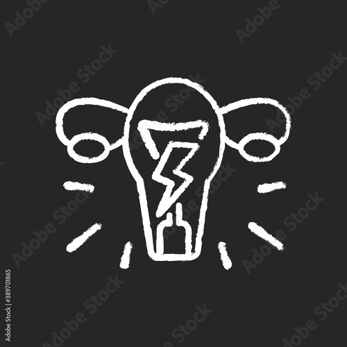 Menstrual cramps chalk white icon on black background. Dysmenorrhea. Throbbing, aching pain. Lower belly. Dull, continuous ache. Menstruation symptom. Isolated vector chalkboard illustration