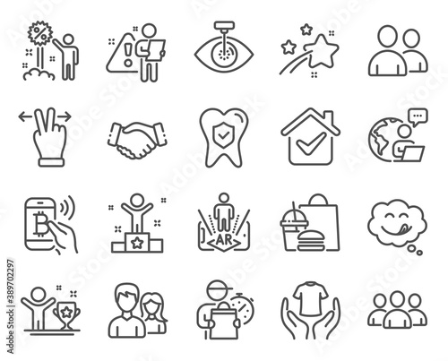People icons set. Included icon as Eye laser, Handshake, Augmented reality signs. Winner, Couple, Winner cup symbols. Dental insurance, Bitcoin pay, Hold t-shirt. Touchscreen gesture. Vector