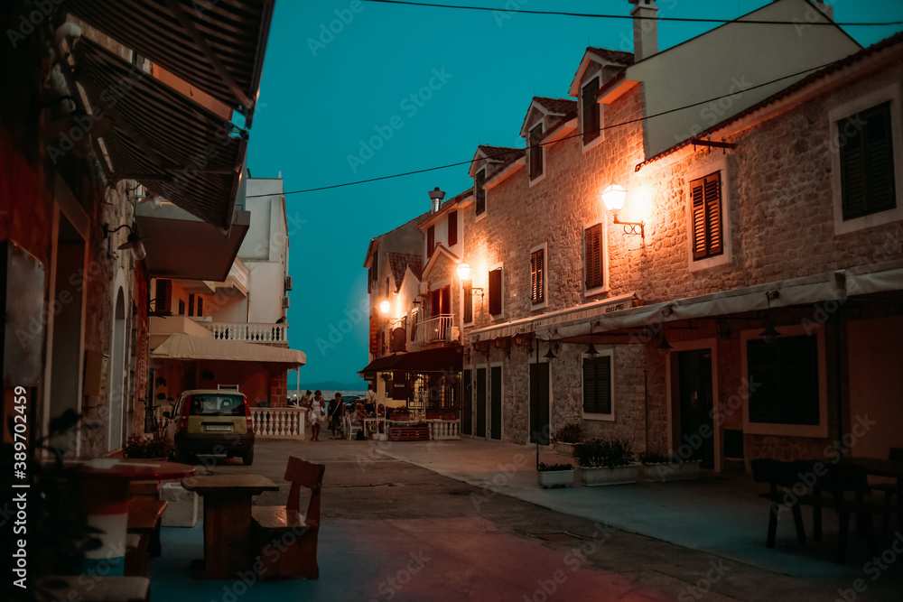 Night streets of Vodice city, Croatia. Tourist city center