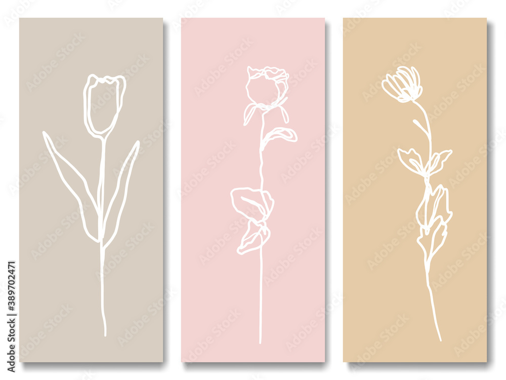 Collection of boho hand drawn line art flowers on pastel background set. Linear vector illustration, cartoon doodle minimal style. Collection of boho hand drawn line art flowers on pastel background set. Linear vector illustration, cartoon doodle minimal style.